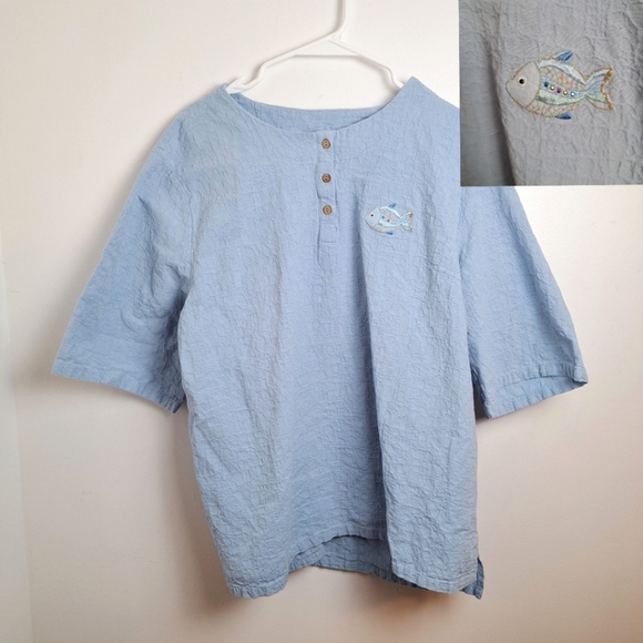 Unbranded Light Blue Sparkly Fish Embroidered Short Sleeve T-Shirt Size 2XL - Picture 1 of 5
